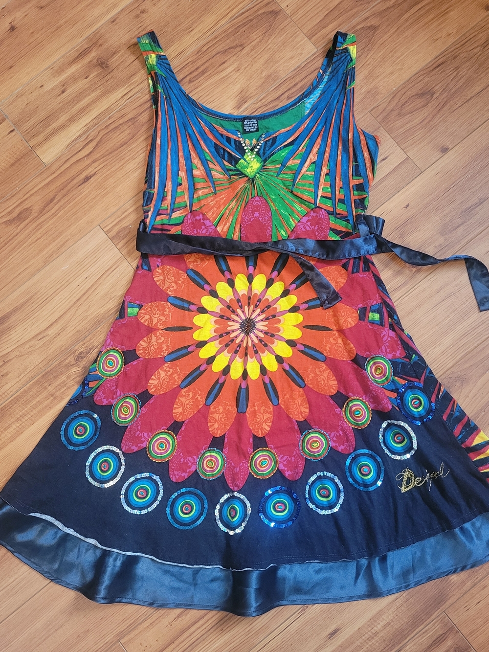 Desigual Blue Green Red Multicolor Floral Sunburst Mini Dress